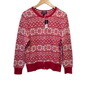 Lands‎ End Cardigan Supima Cotton Fair Isle Red Large Ivory Fair Isle